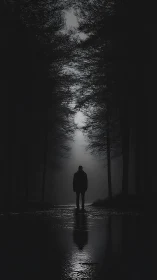 Silhouetted figure stands in misty forest corridor at night