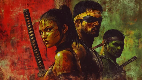 Triadic post-battle samurai portrait under split chromatic fields.