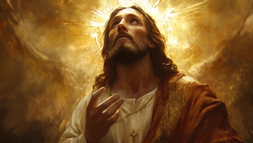 Radiant robed figure gazes into blazing golden heavens.