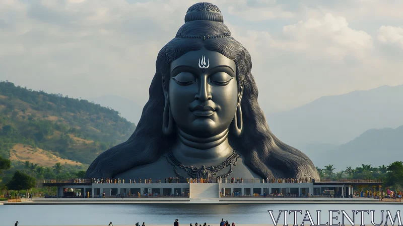 Large outdoor Shiva head statue stands before distant hills