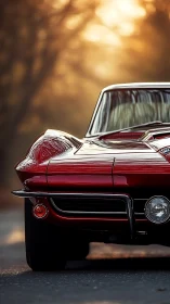 Sunlit crimson classic prowls a glowing autumn roadway.