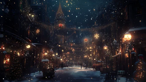 Snowy city street shows dense night Christmas light display