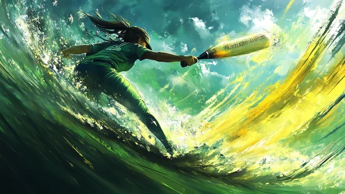 Surfer swings glowing bat through explosive ocean spray