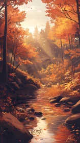 Autumn forest stream with golden sunlight through orange foliage canopy