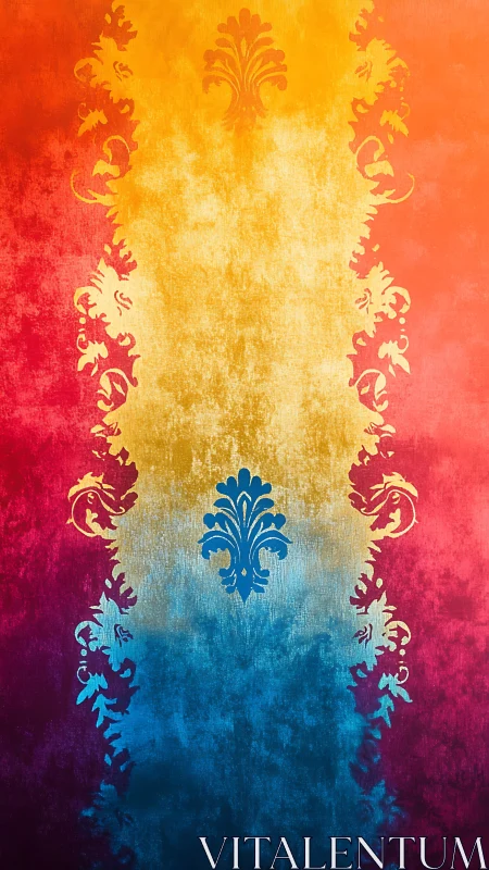 Vertical gradient panel with central ornamental motif pattern.