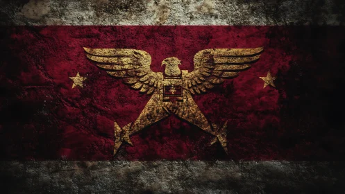 Grungy red banner with golden double eagle emblem centered.