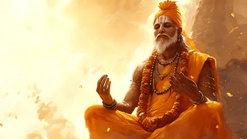 Elderly sage meditating in orange robes against bright light.