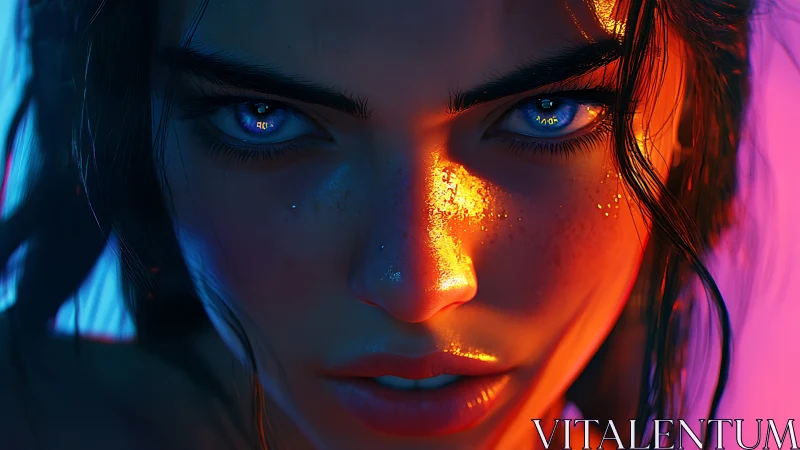 Neon keyed close-up portrait renders hyperreal skin microdetail