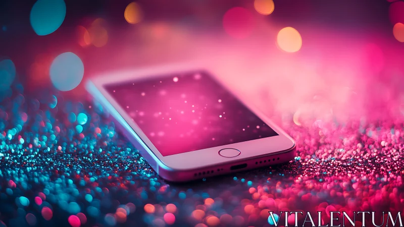 Smartphone on glittered surface with neon bokeh illumination