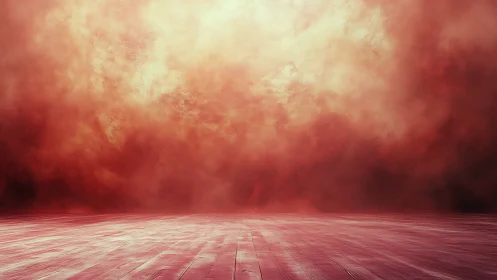 Crimson fog rolls over an empty stage of polished light