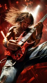 Electric guitarist explodes with energy under blazing red lights