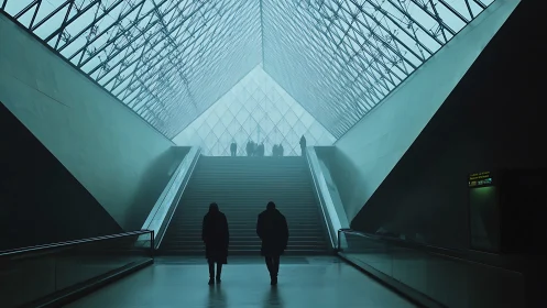 Silhouetted figures in modern glass pyramid atrium interior.