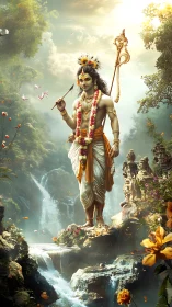 Divine figure standing by waterfalls in lush forest scene.