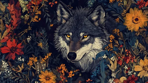 Detailed lupine portrait framed by dense autumn florals