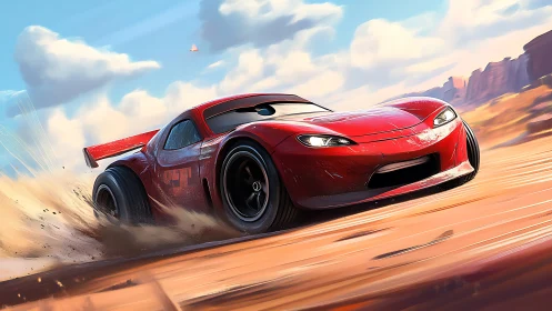 Red racing car drifting on desert track at high speed.