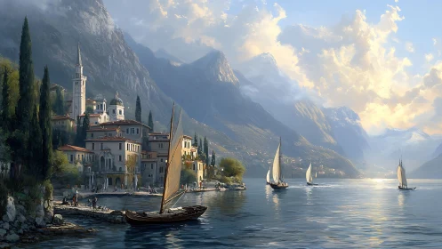 Serene lakeside town with sailing boats and steep mountains.