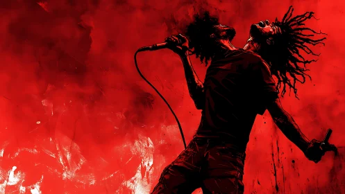 Digital painting of dual rock vocalist silhouette on red field.