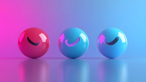 Three Glossy Smiling Spheres on Gradient Neon Background.