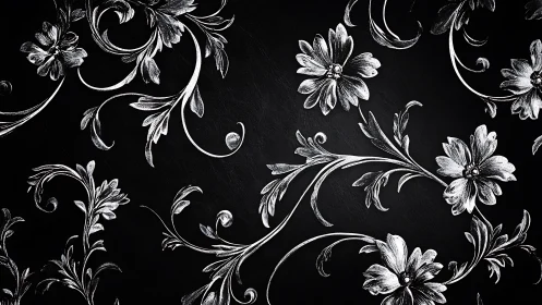 Monochrome floral scrollwork on textured black ground.