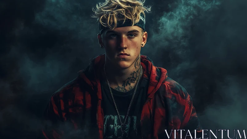 Moody low key portrait of tattooed youth in red streetwear