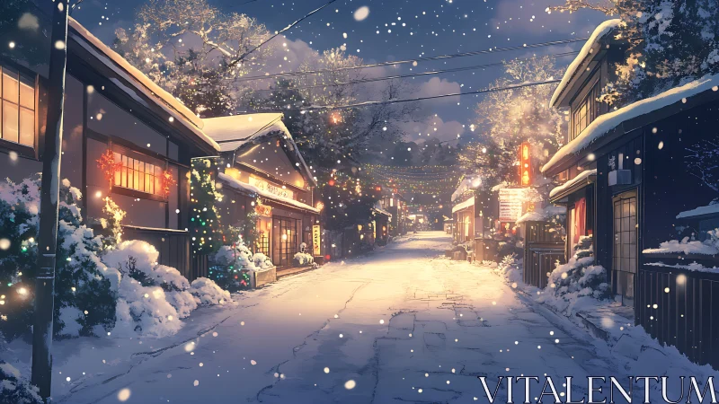 Snowy Japanese street glowing with warm evening lights.