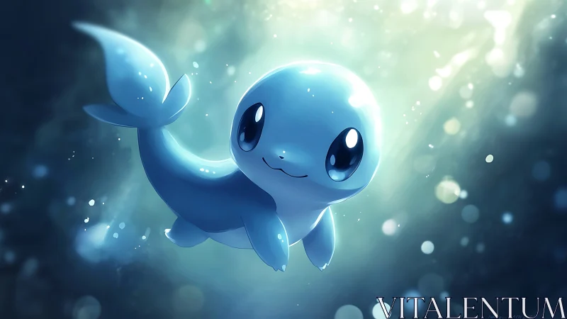 Cute blue cartoon seal floats underwater in glowing light