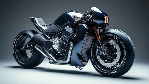 Photorealistic carbon-fiber café racer motorcycle studio render.
