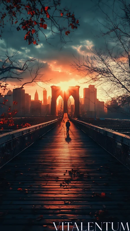 Solitary figure crosses city bridge under blazing sunset glow