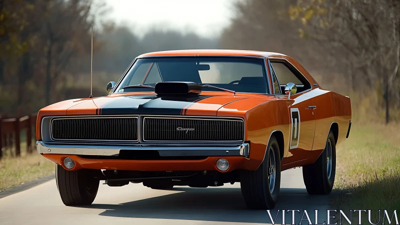 Bold orange muscle car cruising a quiet country road.