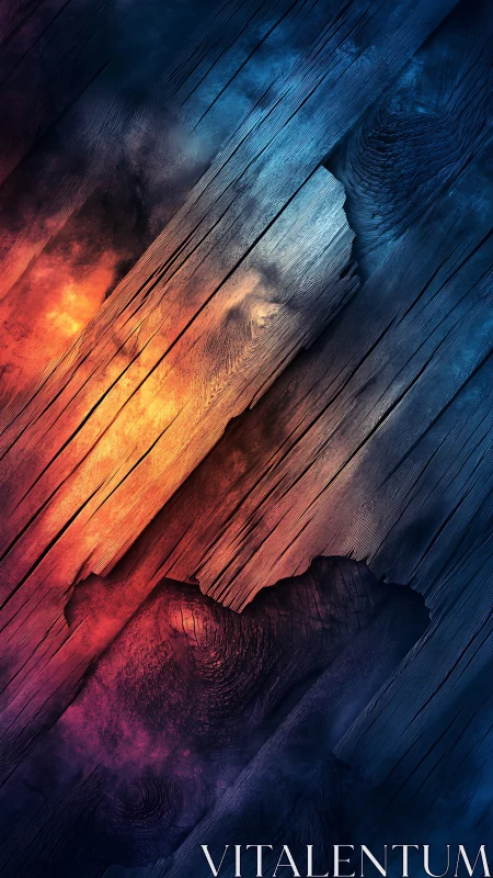 Weathered wood glowing with fire and twilight color play.