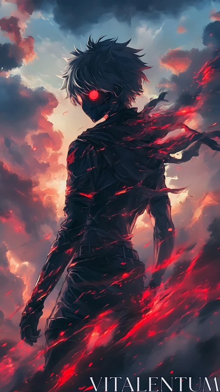 Backlit cyberpunk antihero with burning red particle shroud.