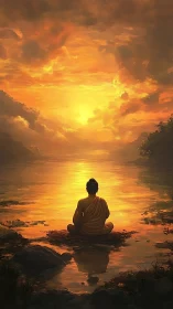 Monk in meditative silhouette observes incandescent river sunset