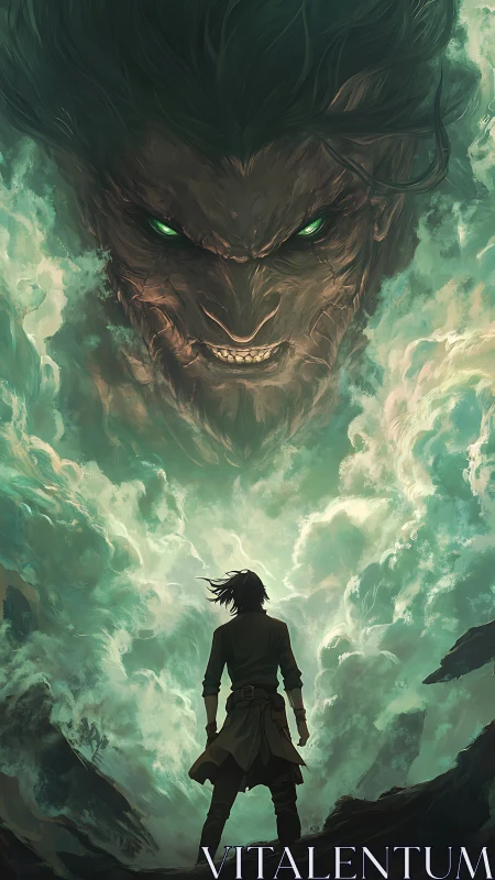 Lone warrior confronts colossal storm spirit with glowing eyes.