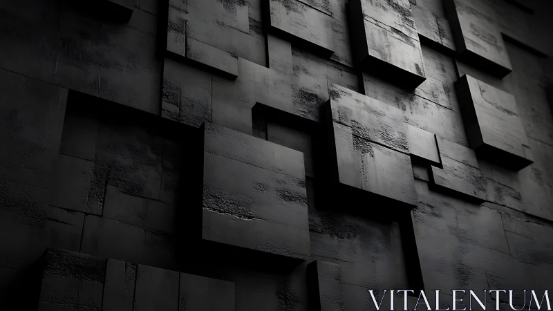 Dark geometric wall with layered cubic relief forms.