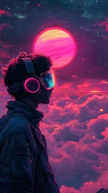 Neon sky wanderer with VR visor over magenta cloud horizon