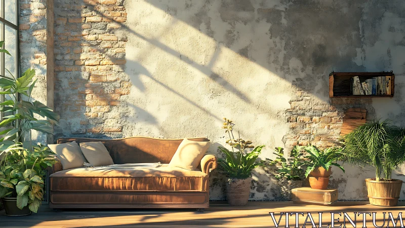 Sunlit velvet sofa in rustic loft with lush indoor plants.