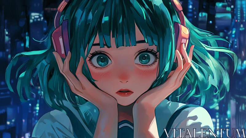 Neon city girl with teal hair and headphones in close-up.