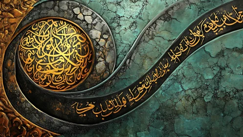 Ornate circular Arabic calligraphy on teal patinated relief