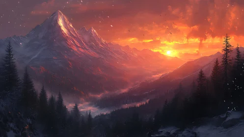 Glaciated alpine range under volumetric orange sunset scattering