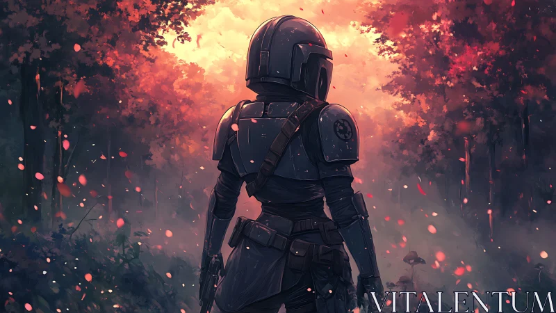 Armored scout surveys misty forest under cinematic sunset glow