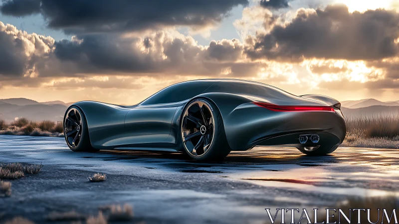 Futuristic silver concept car glides across wet desert road.