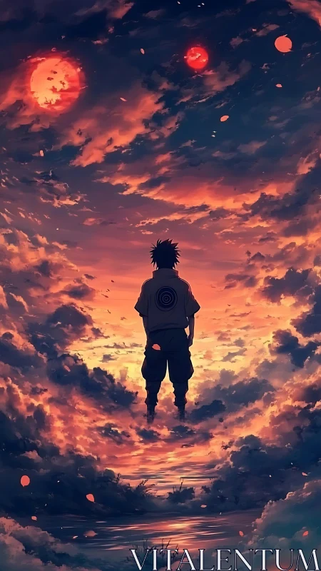 Solitary silhouetted figure amid dual red suns and volumetric clouds