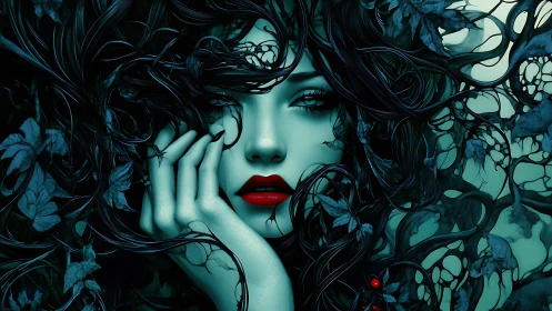 Enigmatic forest muse emerges from twisting midnight vines