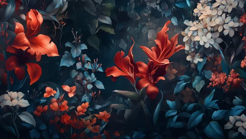 Vivid red lilies in dense dark blue floral garden scene.