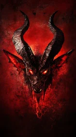 Infernal horned daemon head in volatile crimson vortex field.