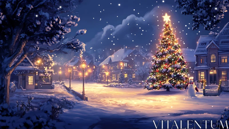 Snowy village square shows illuminated outdoor Christmas tree