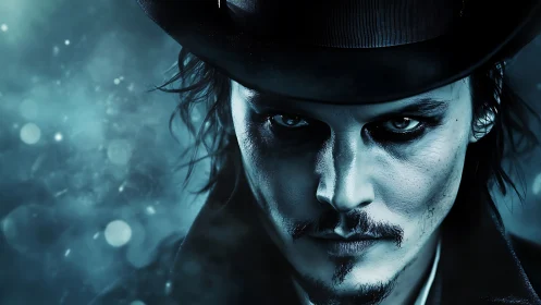 Digital portrait shows pale man in top hat with intense gaze