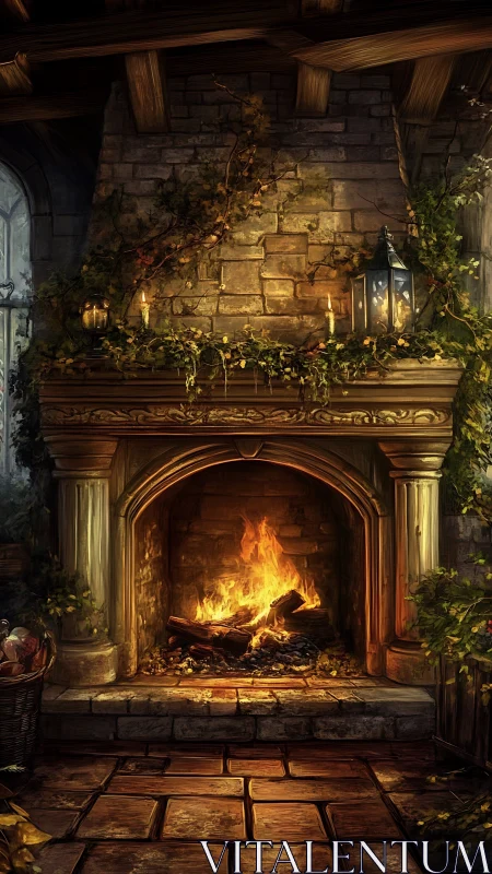 Grand Stone Fireplace with Active Fire and Autumn Foliage