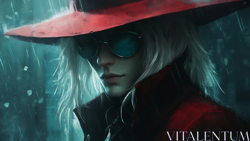 Mysterious white haired figure in red coat and wide hat.