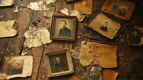 Timeworn portraits scattered across a crumbling wooden memory.